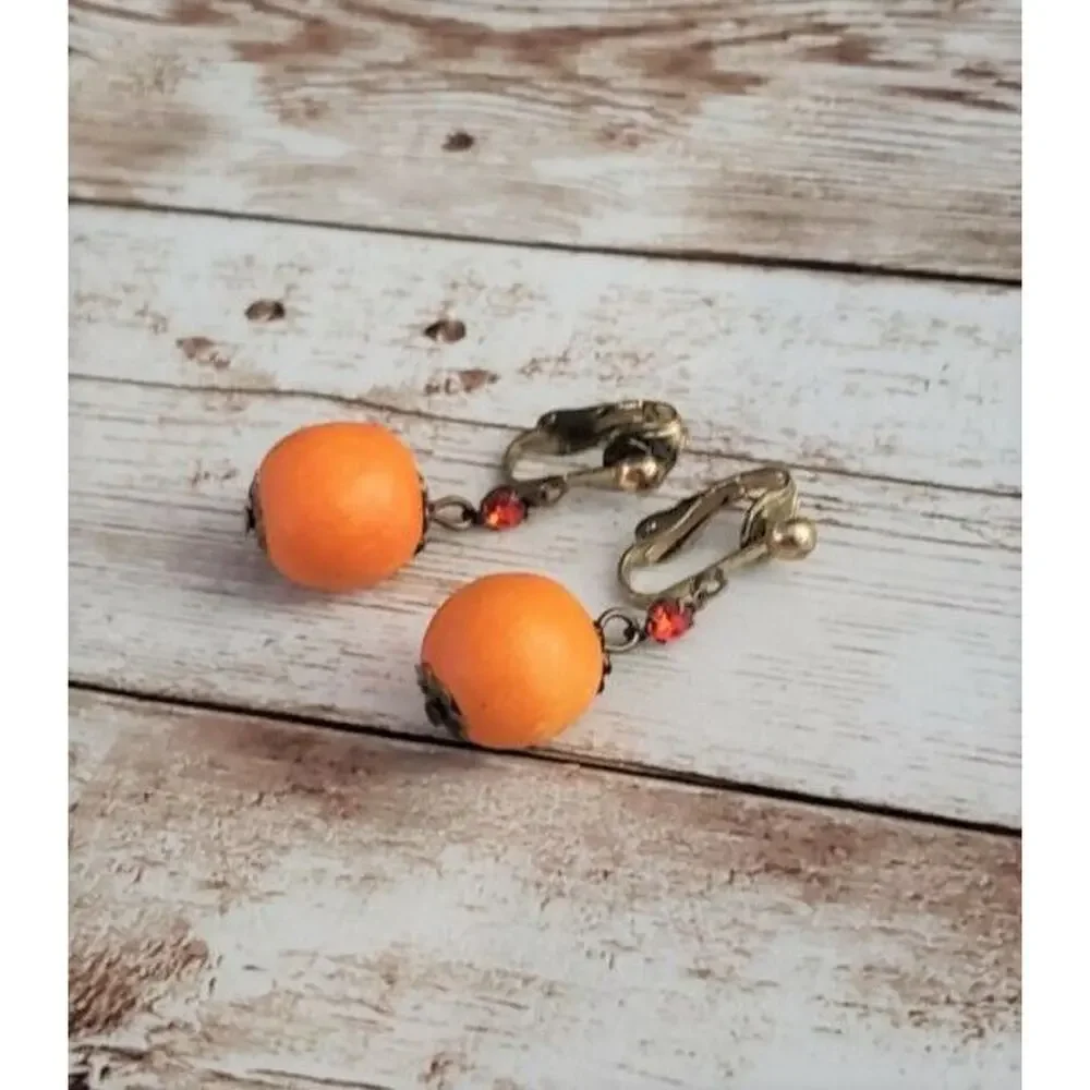 Vintage Clip On Earrings Orange with Red Gem Dangle